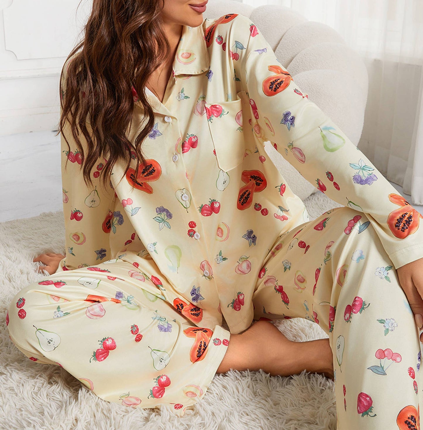 FLOWER AND FRUIT PRINT WIDE LEG PANT PAJAMA SET