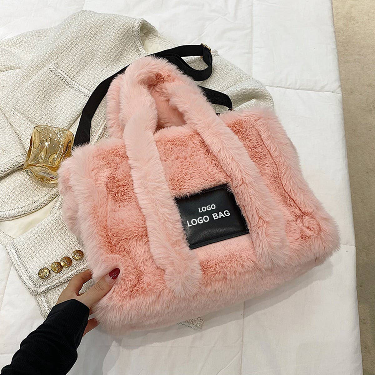 Faux Rabbit Fur Tote Bag Women Large Handbag_CUAB00552
