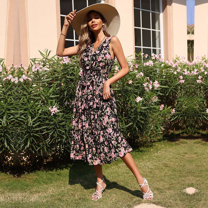 FLORAL PRINT LONG SLEEVELESS DRESS WITH RUFFLES