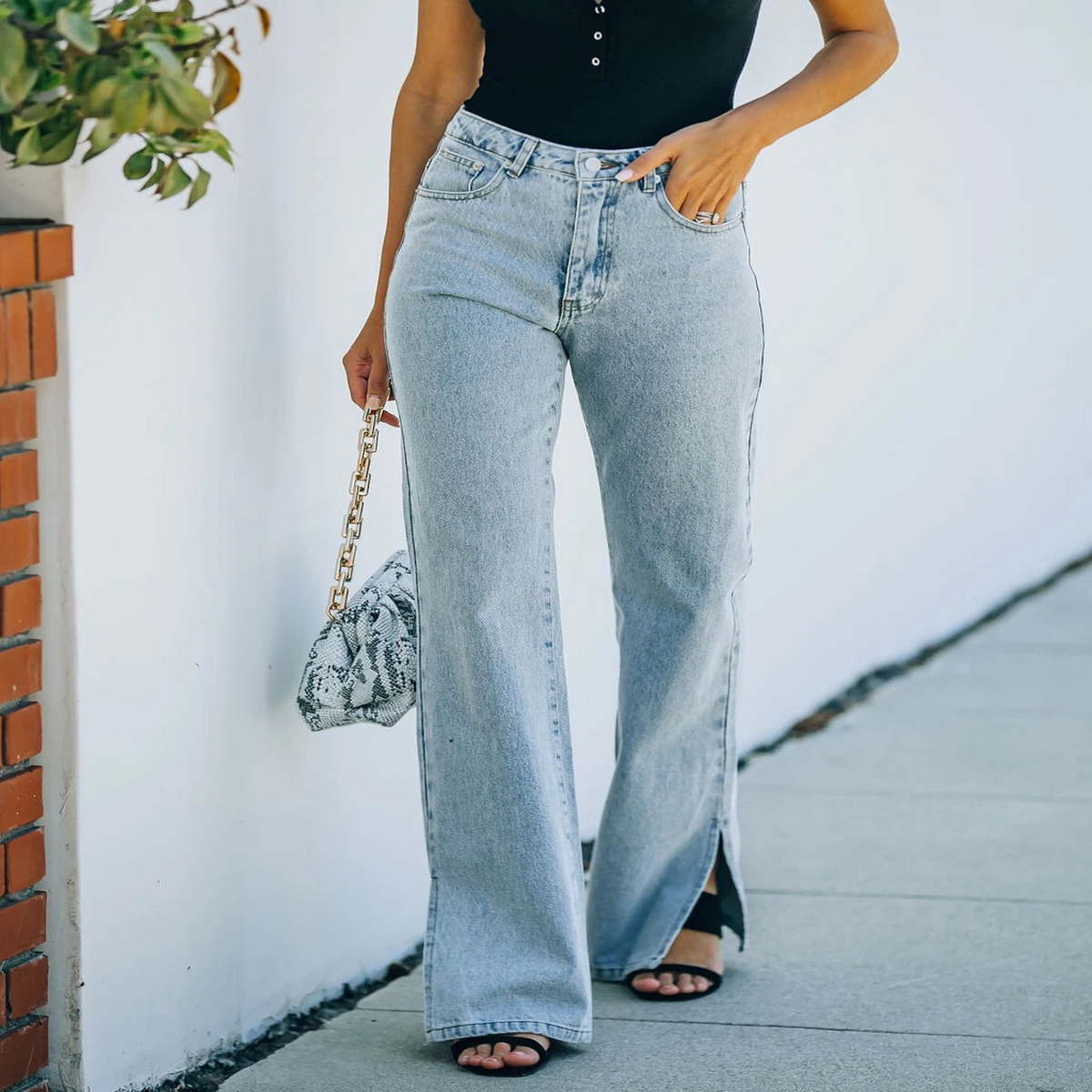 Washed Split Hem Jeans ? Mid Rise Casual Pants