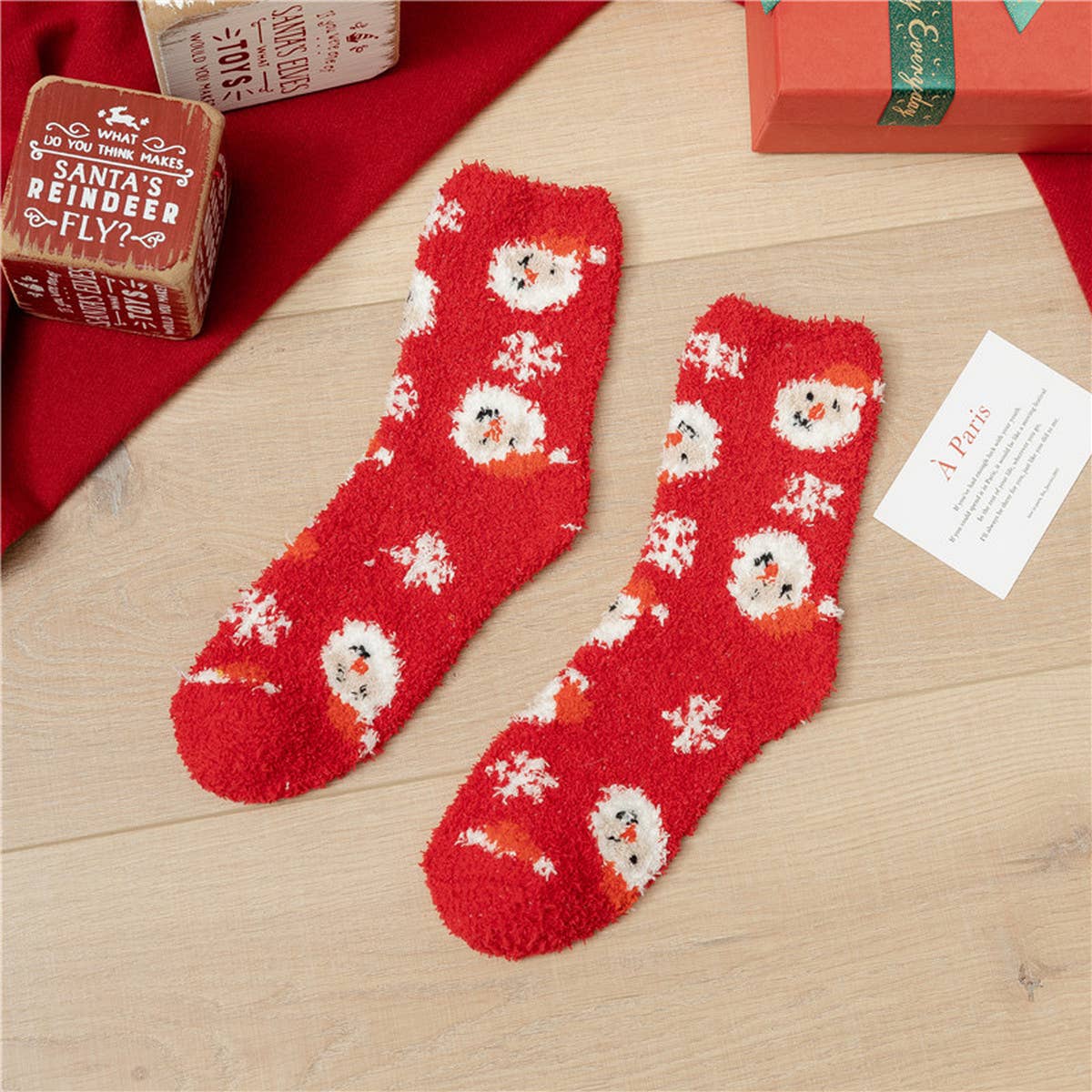 SANTA CLAUS ELK CORAL VELVET SOCKS