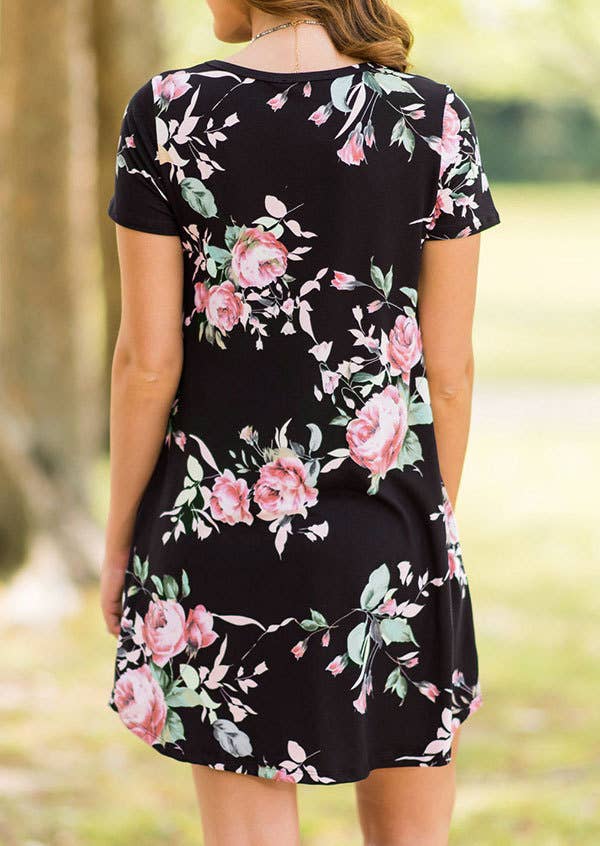 FLORAL PRINT BASIC CREW NECK PULLOVER DRESS