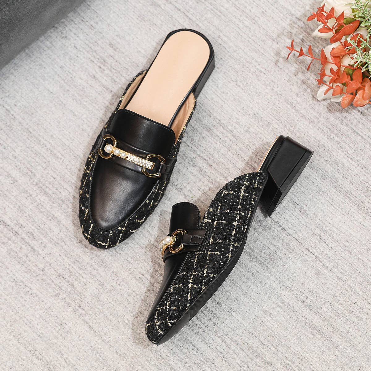 WOMEN SINGLE SHOES ROUND TOE RHINESTONE MULES