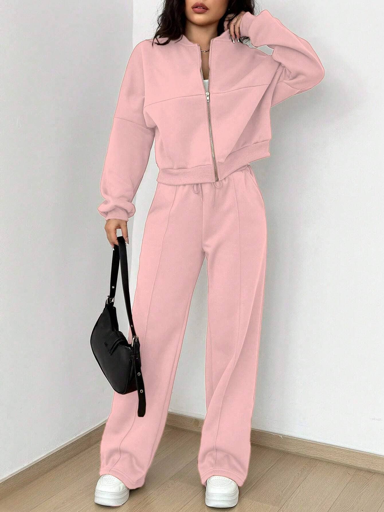 Zipper cardigan straight-leg sport pants set