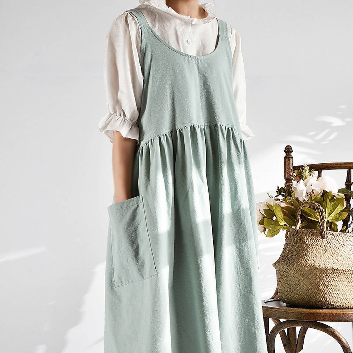 Solid color art cotton linen Aprons with pockets_CWMM3293