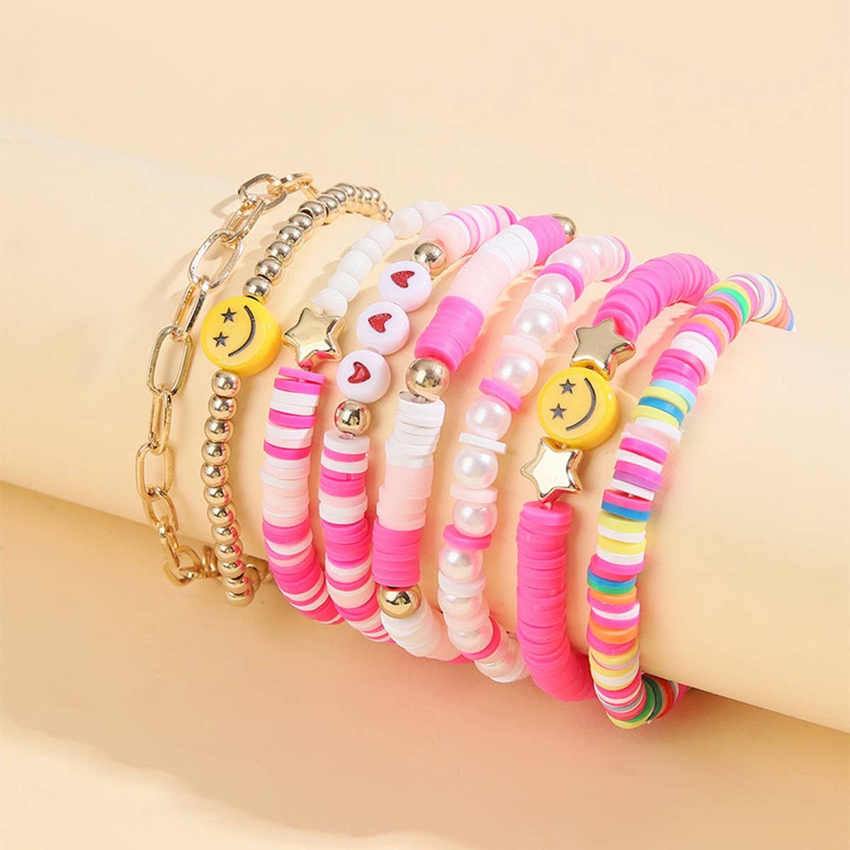 POLYMER CLAY HEART SMILEY FACE BRACELET SET_CWMM3515