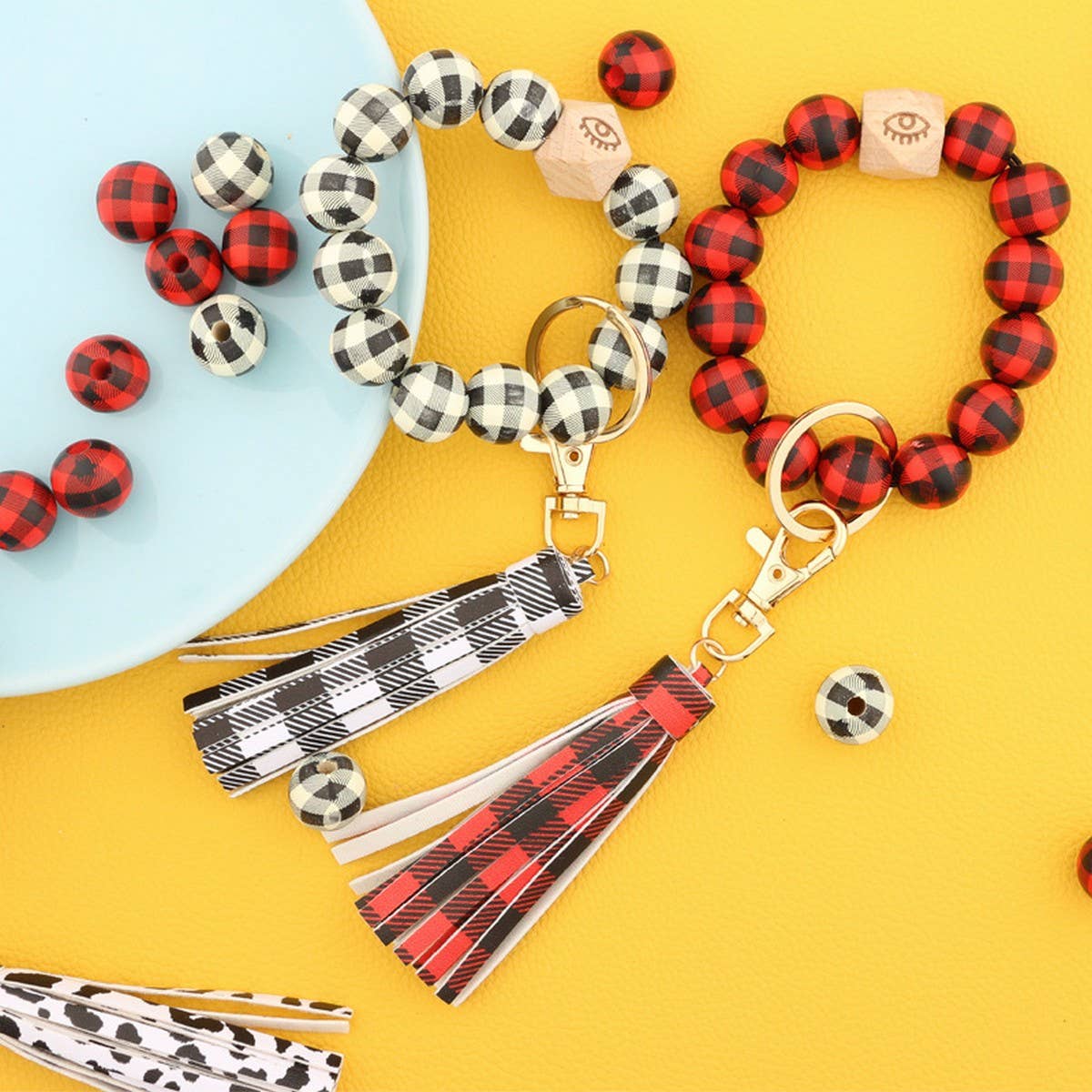 Leopard & Plaid Bead Bracelet Keychain Tassel