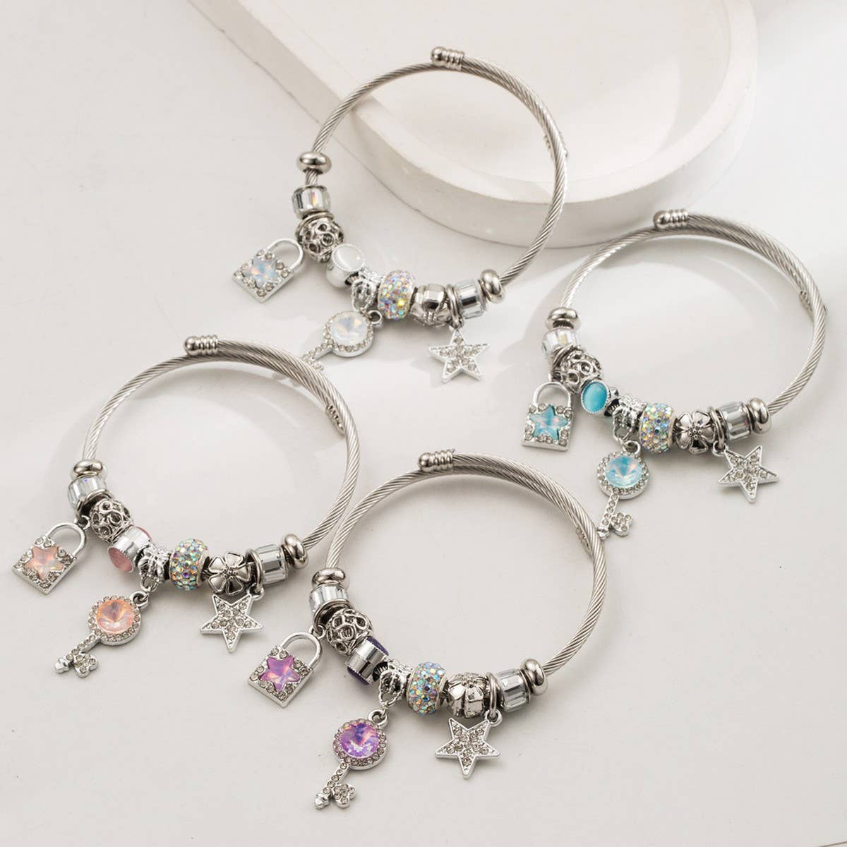 Lock & Key Charm Adjustable Steel Bracelet