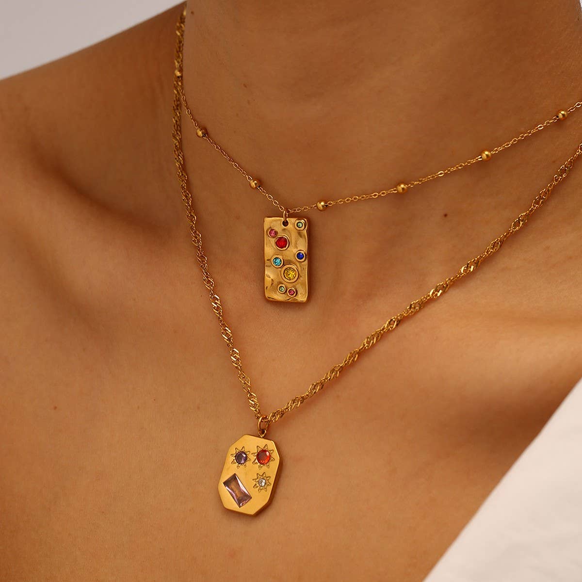 18K Stainless Steel Multicolor Gemstone Necklace_CWMM8888