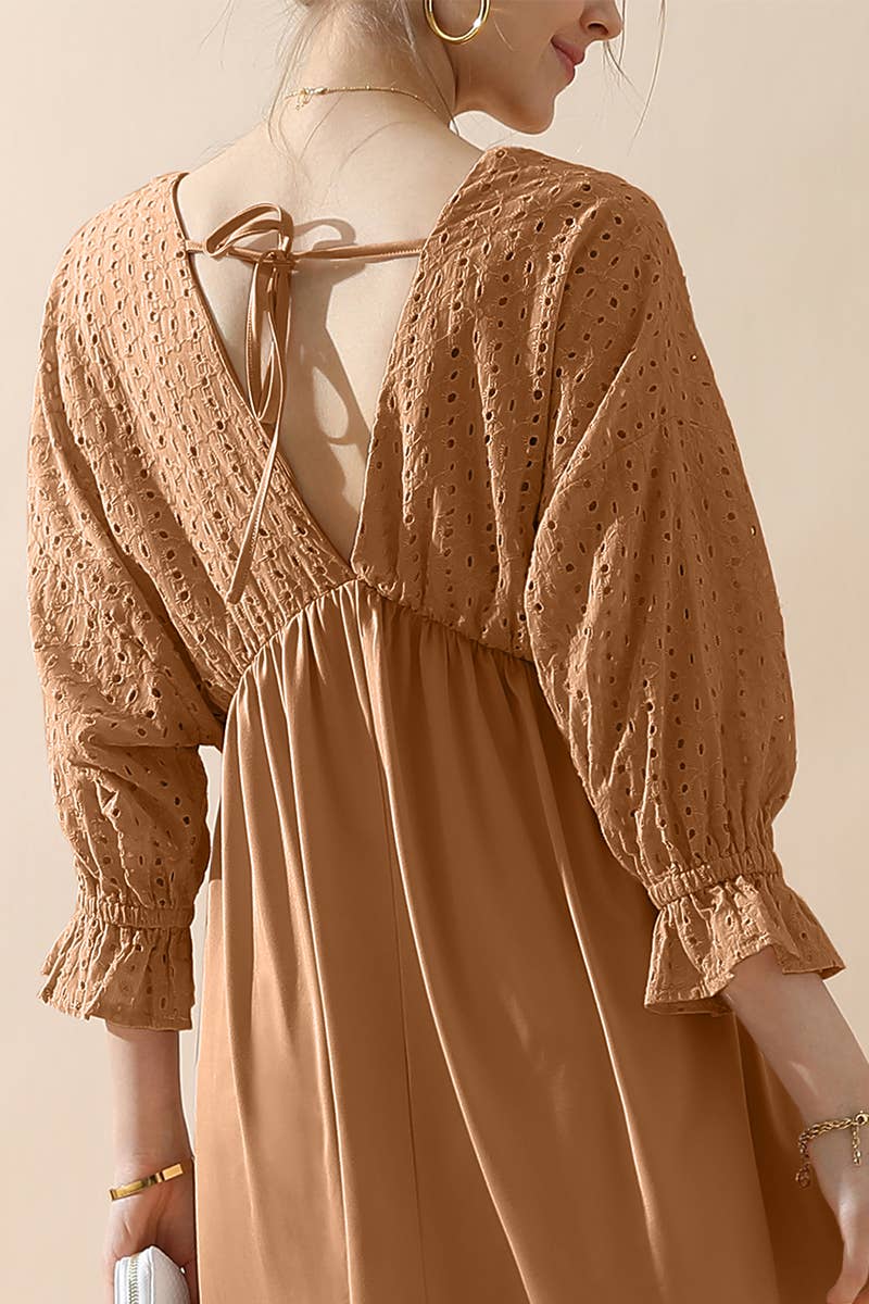 CWDMD795_3/4 SLEEVE V NECK LONG DRESS