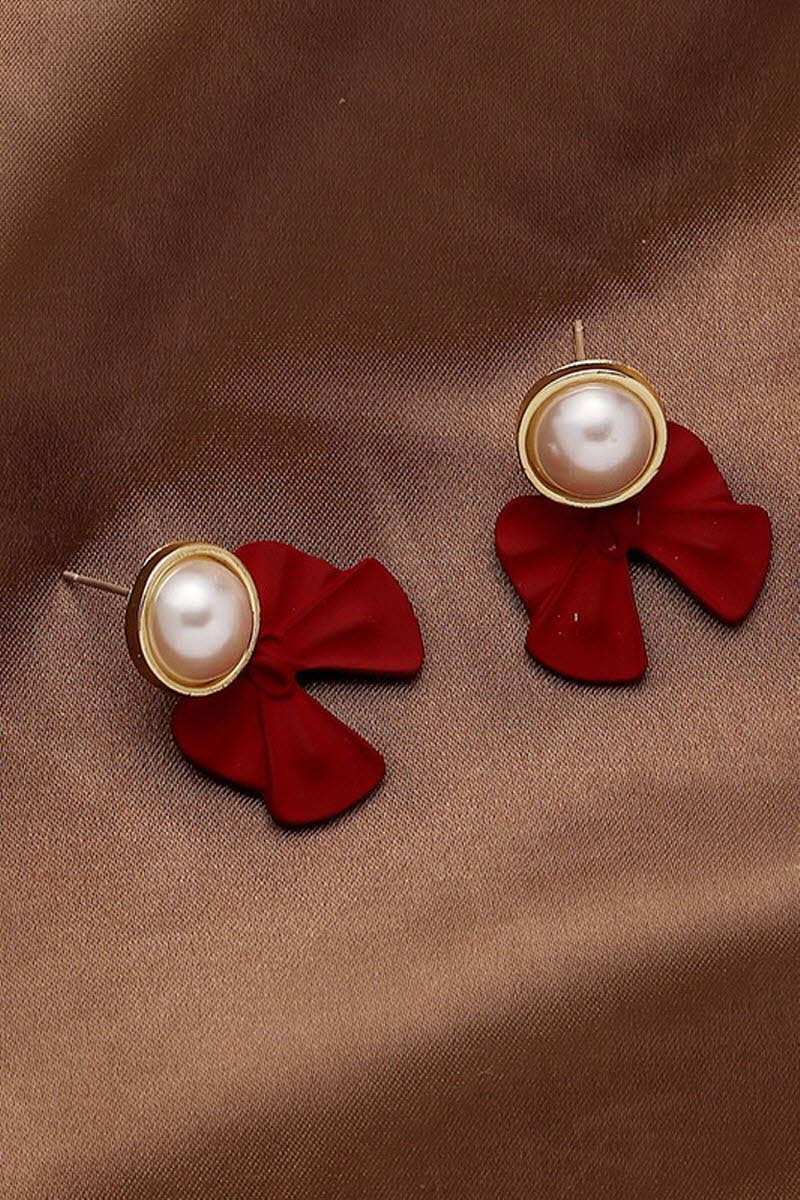 SILVER NEEDLE WINE RED BOW PEARL EARRINGS_CWAJE179