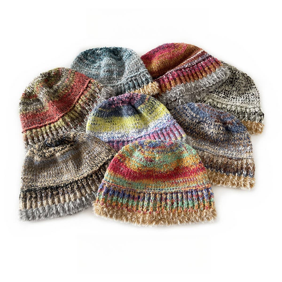 ADULT KNITTED HAT COLORFUL STRIPED BUCKET HAT_CWAH2051