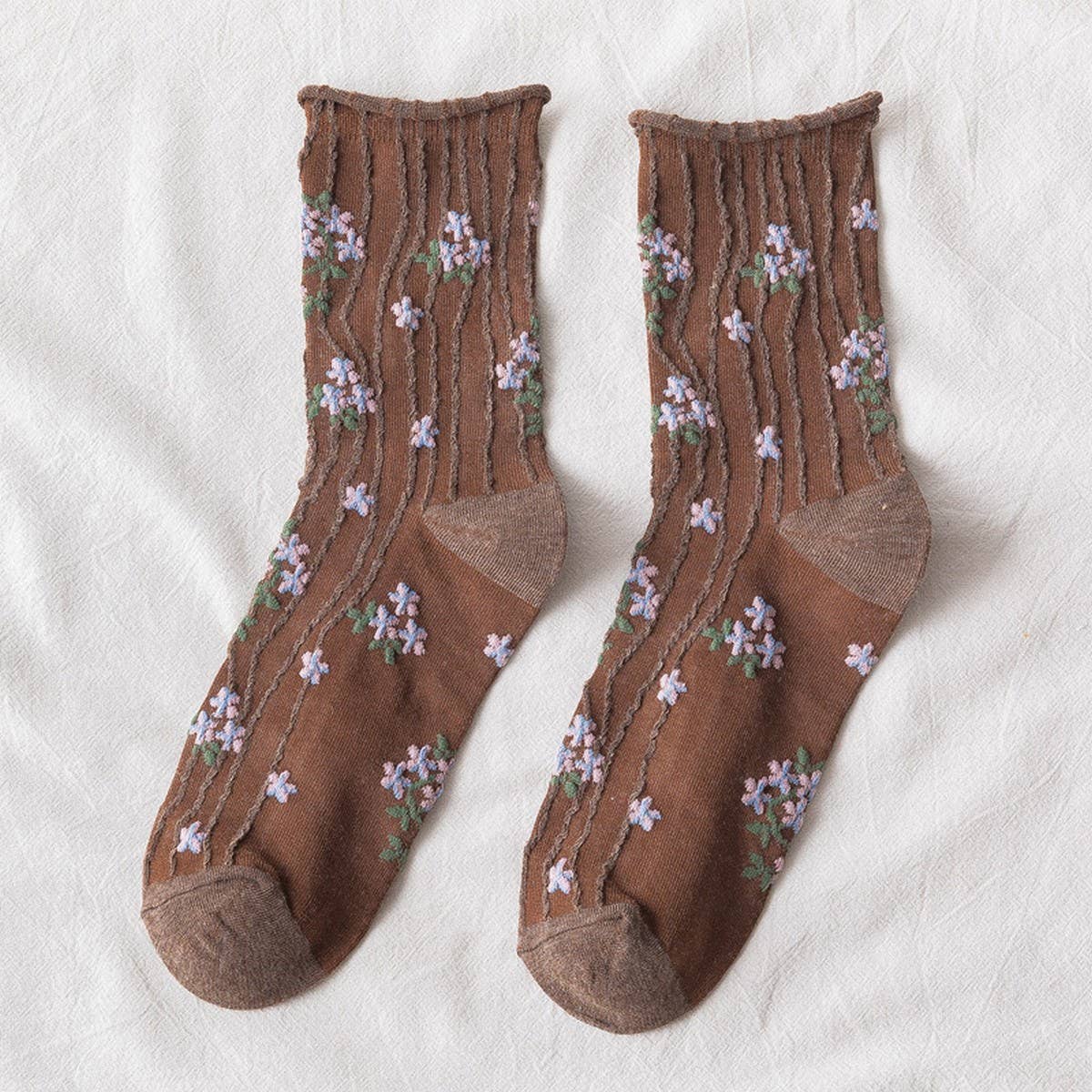 PREPPY LITTLE FLORAL STRIPED MIDTUBE SOCK LADY_CWMS0403
