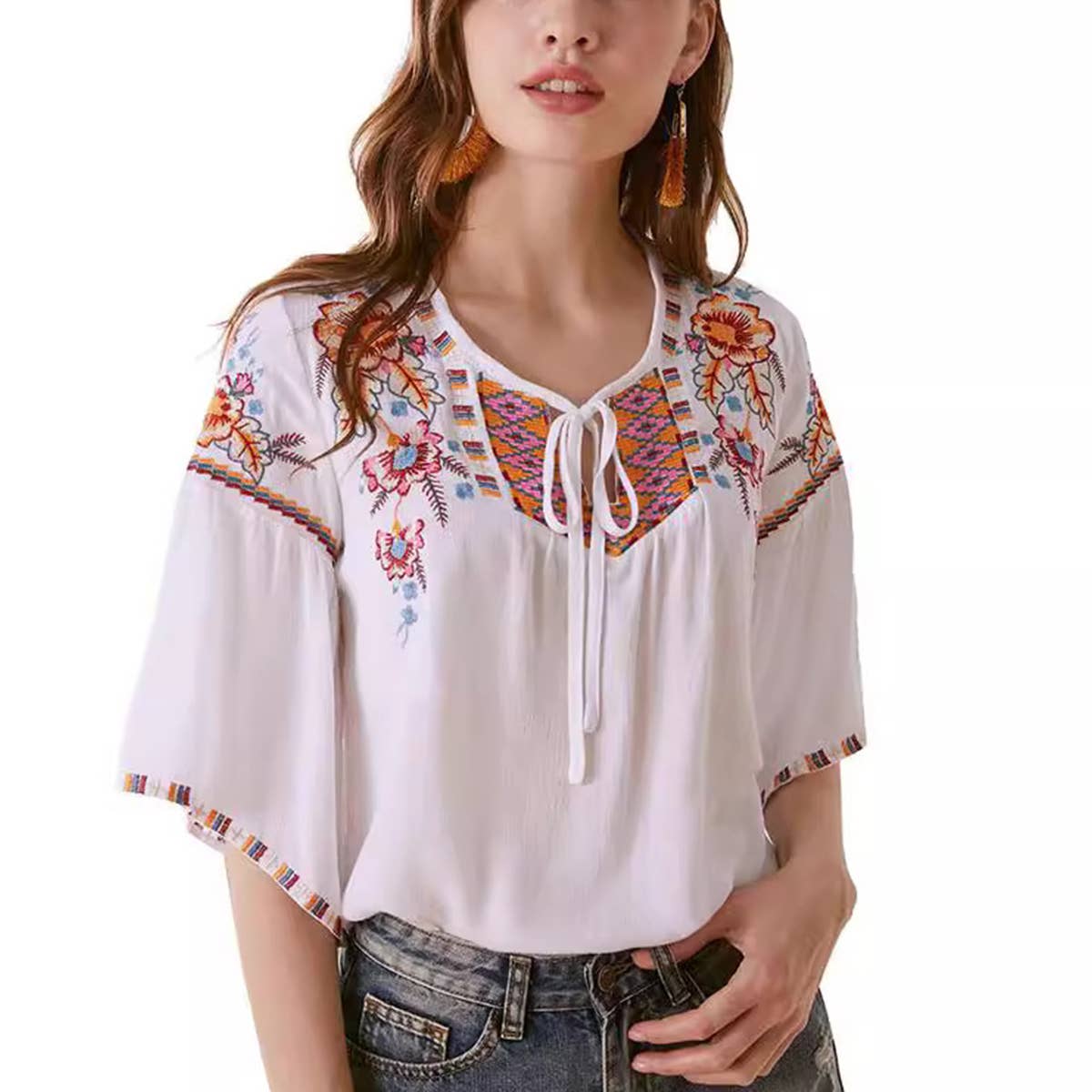 FLORAL EMBROIDERY V-NECK BLOUSE BLOUSE