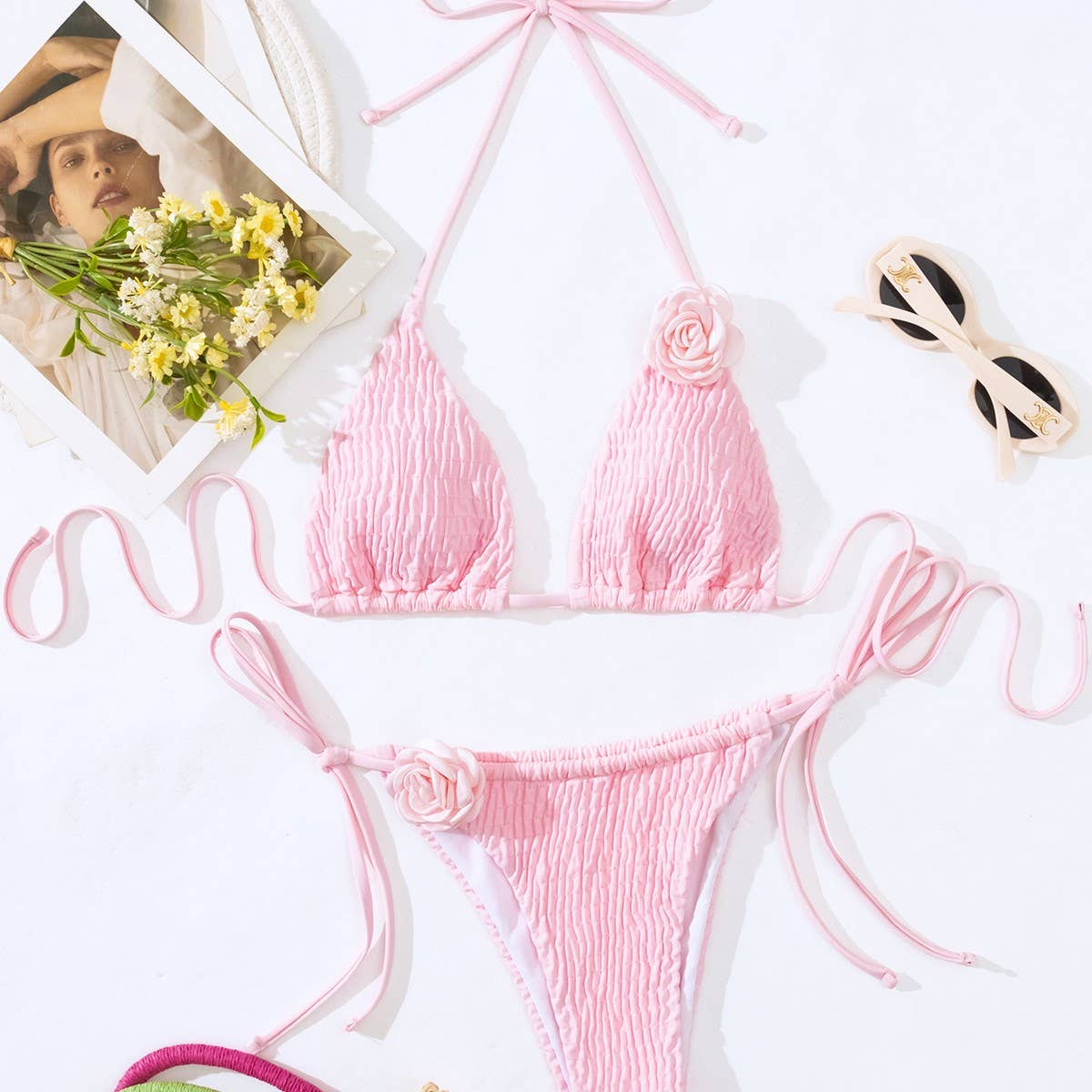 3D Floral Bikini Set - Sexy Triangle Cup Swimsuit_CWMW0687