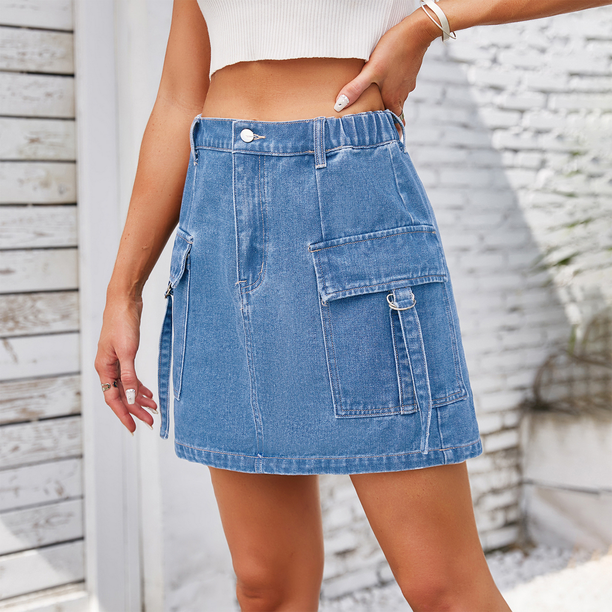 Women?™s Washed Denim Cargo Mini Skirt_CWJSK0210