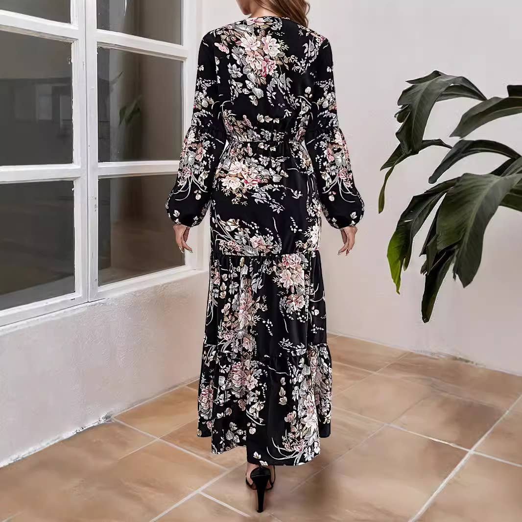 FLORAL PRINT BIG SWING FASHION SLIM LONG DRESS