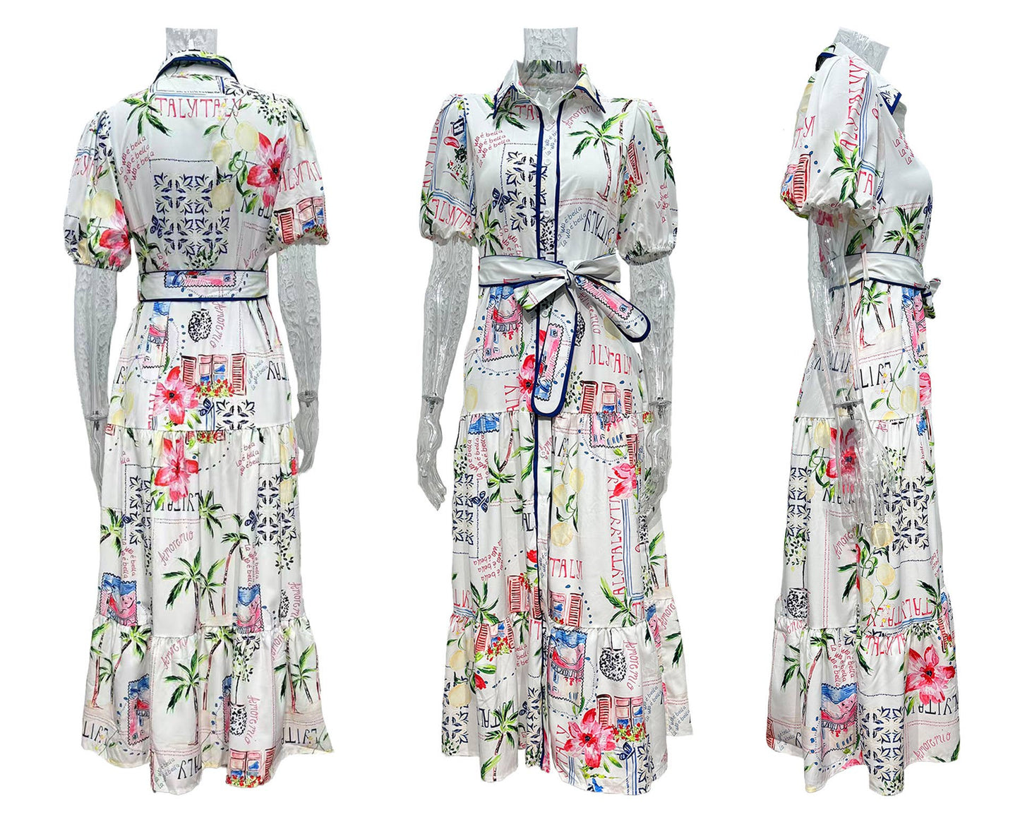 Floral printed lace-up short-sleeved dress