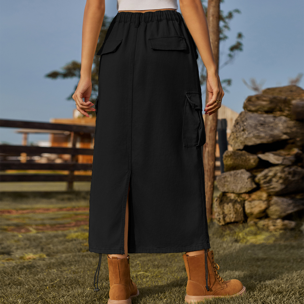 Women??¢s Cargo Midi Skirt Drawstring Elastic Waist_CWJSK0218