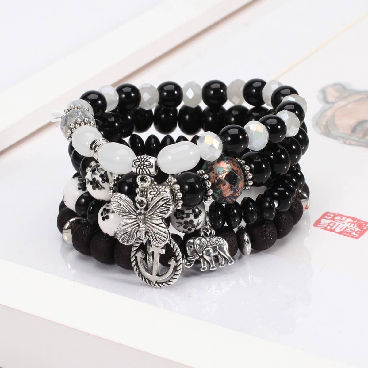 CWMM10444_BOHO BUTTERFLY ANCHOR ELEPHANT LAYERED BRACELETS