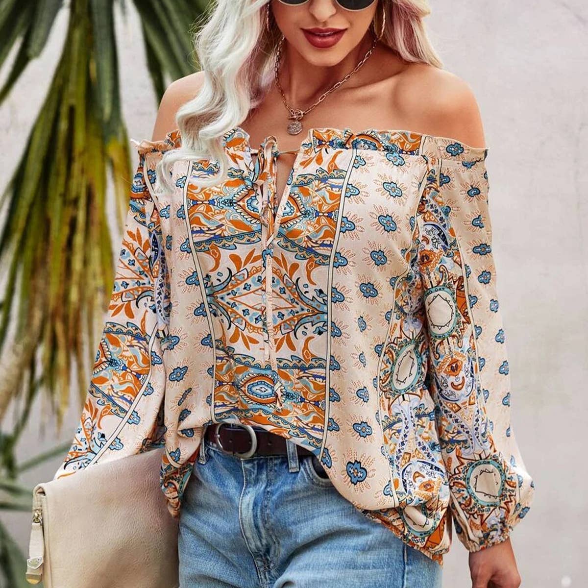 FLORAL PRINT OFF-THE-SHOULDER RUFFLED KNOT SHIRT