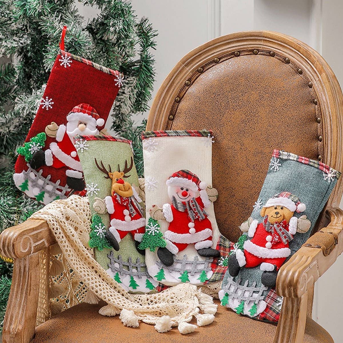 LINEN LARGE CHRISTMAS STOCKING GIFT BAG ORNAMENT