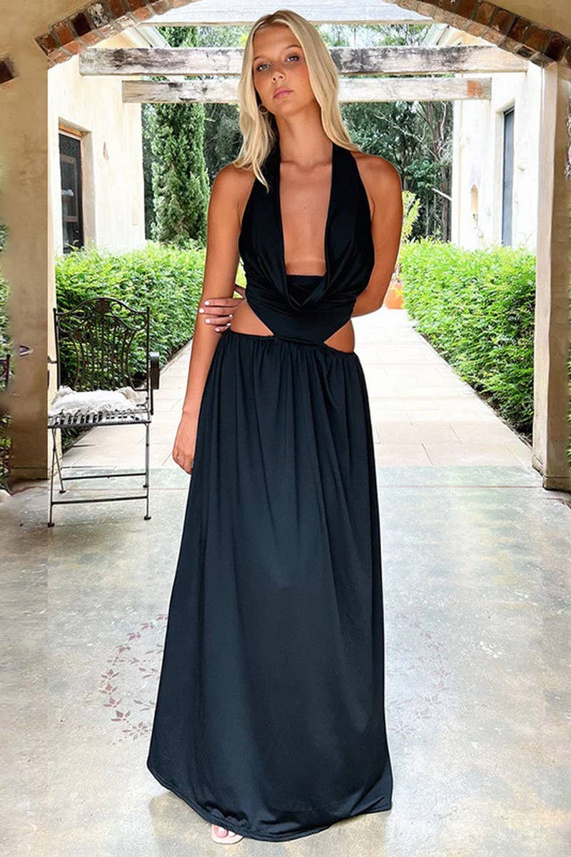 CWDMD5050_SEXY CUT-OUT WAIST REVEAL HALTER MAXI DRESS