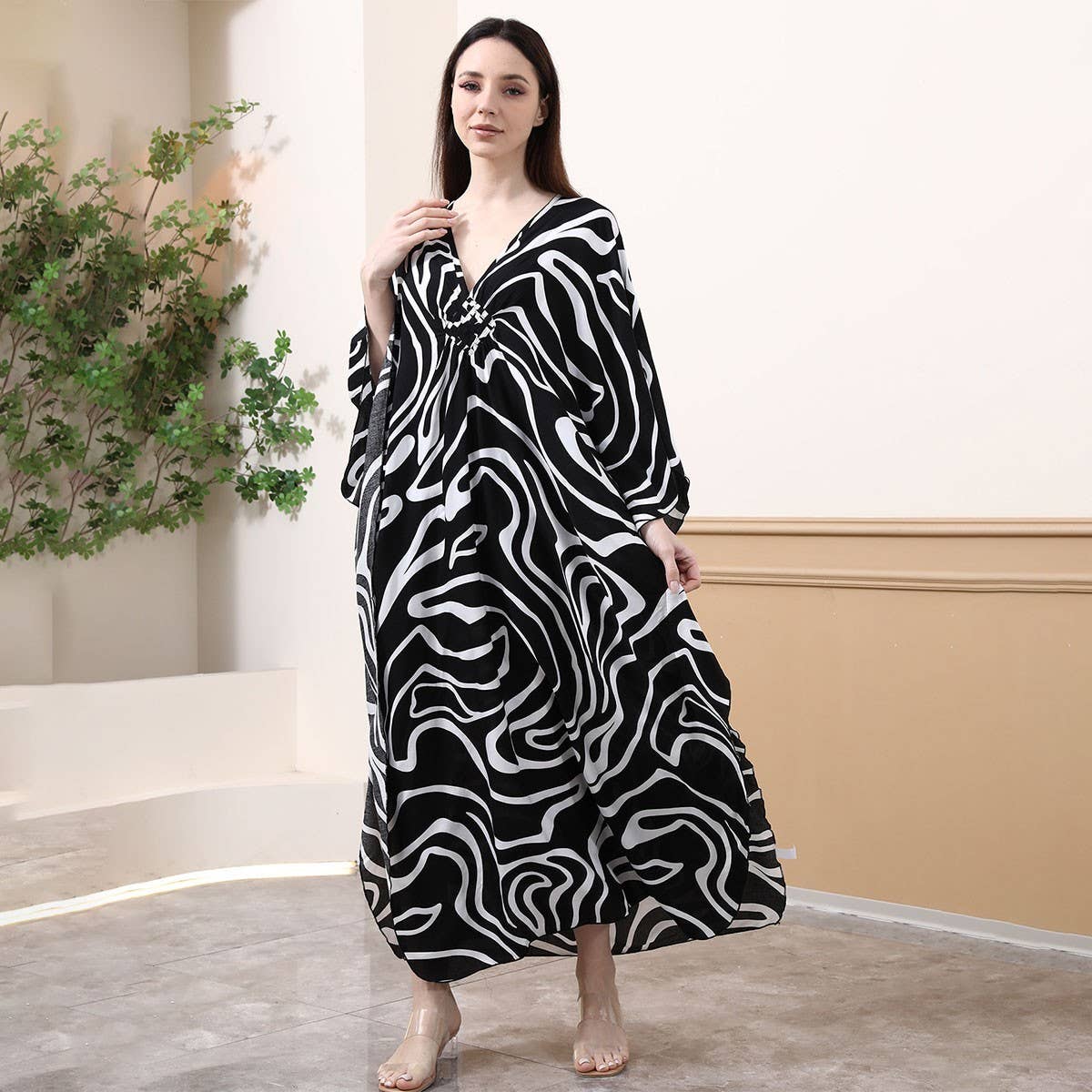 Cotton Zebra Print Beach Cover-Up,Plus Size,Woven