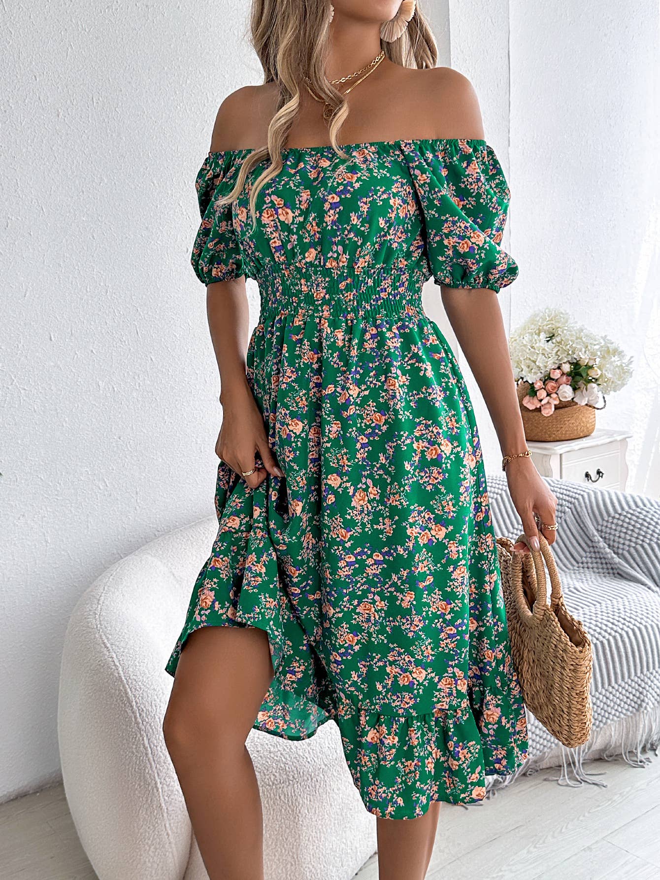 Floral square collar tucked waist peplum dress