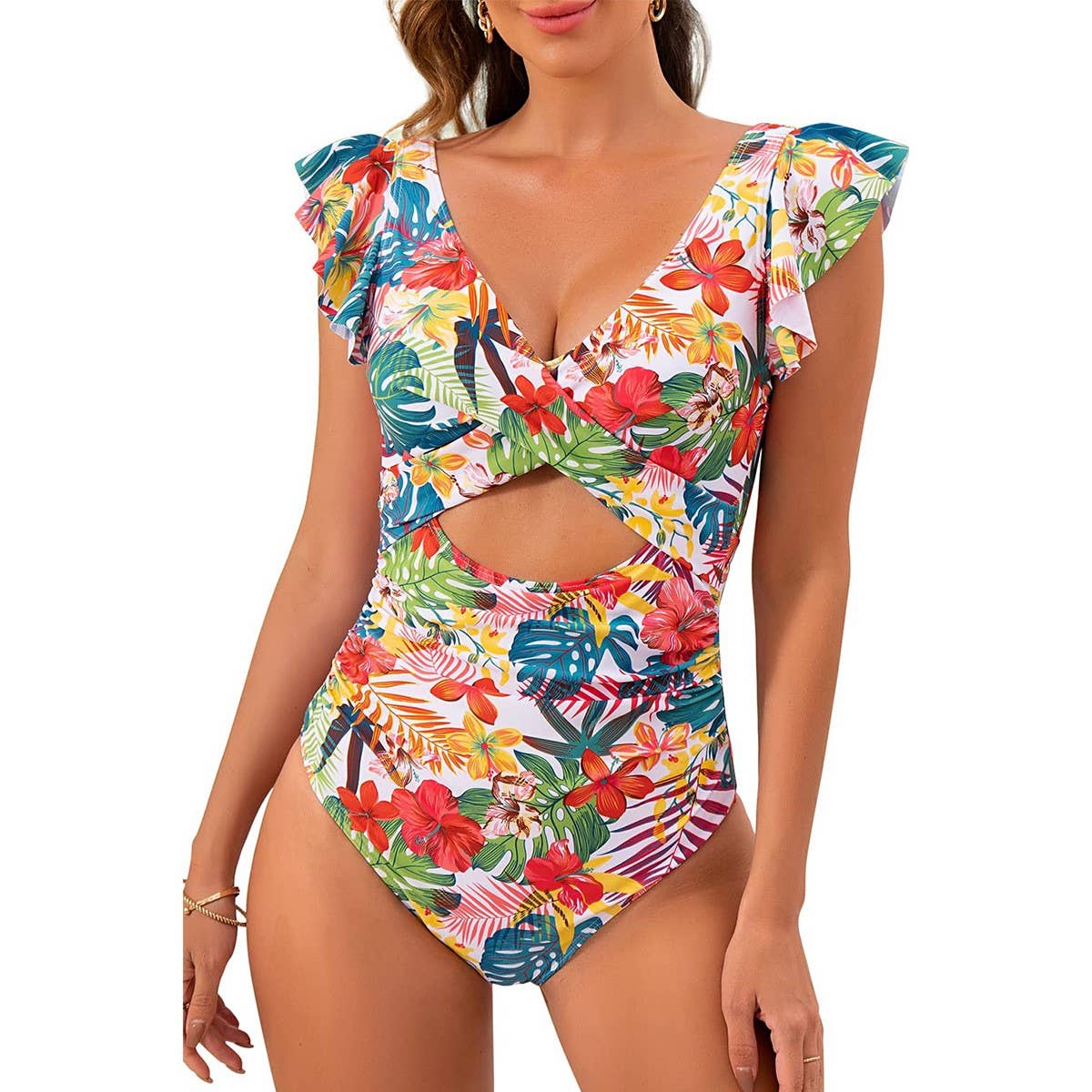 RUFFLED SMALL FLYING SLEEVE TUMMY CONTROL SWIMSUIT