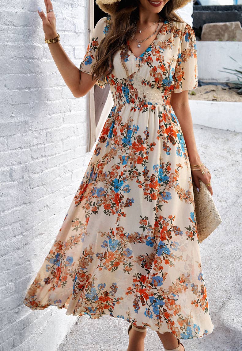 Floral V-Neck Waist-Tie A-Line Maxi Dress