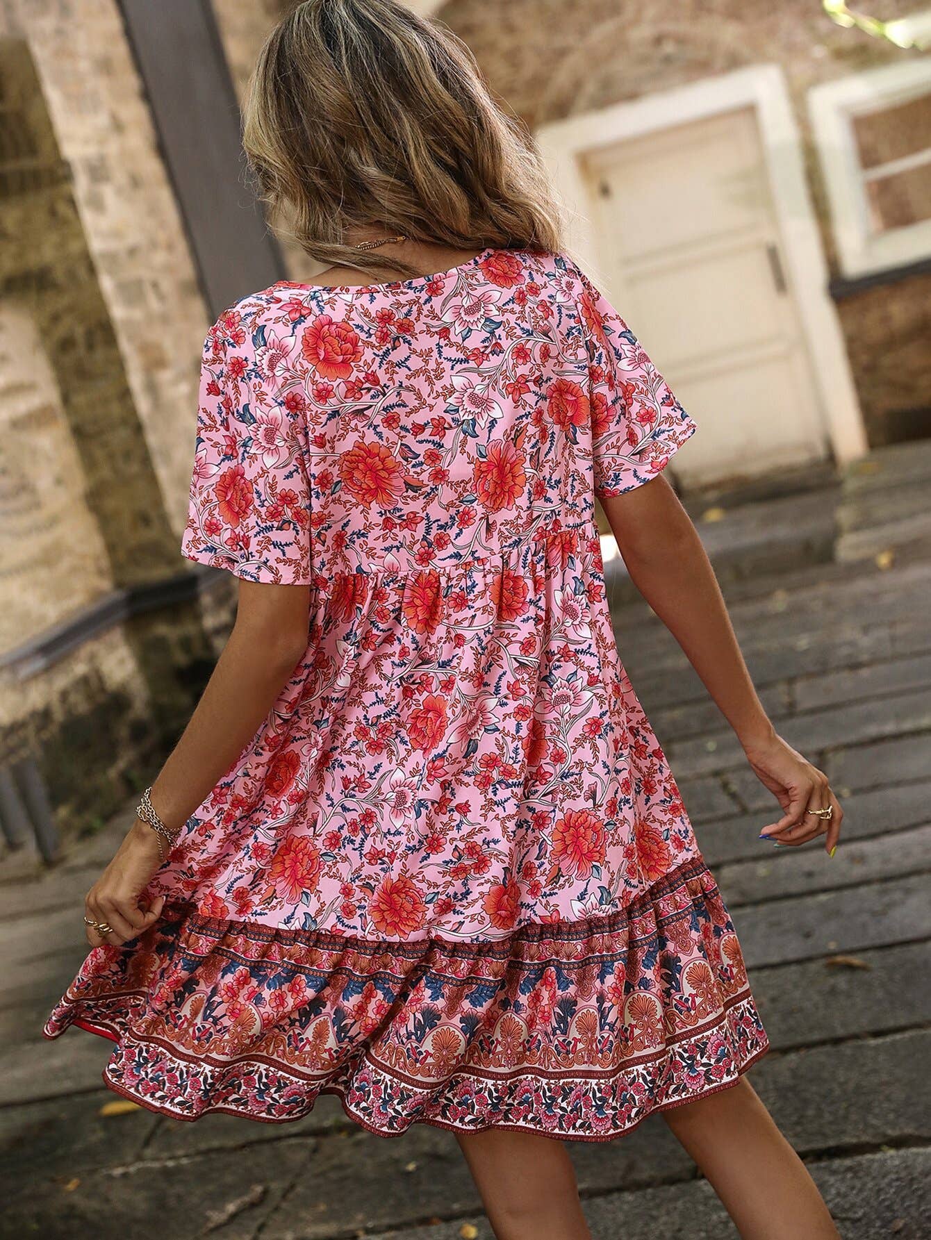 Floral V-neck loose and casual Bohemian dress