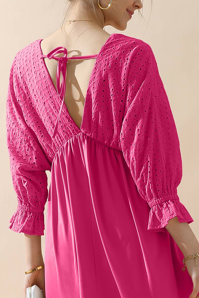 CWDMD795_3/4 SLEEVE V NECK LONG DRESS