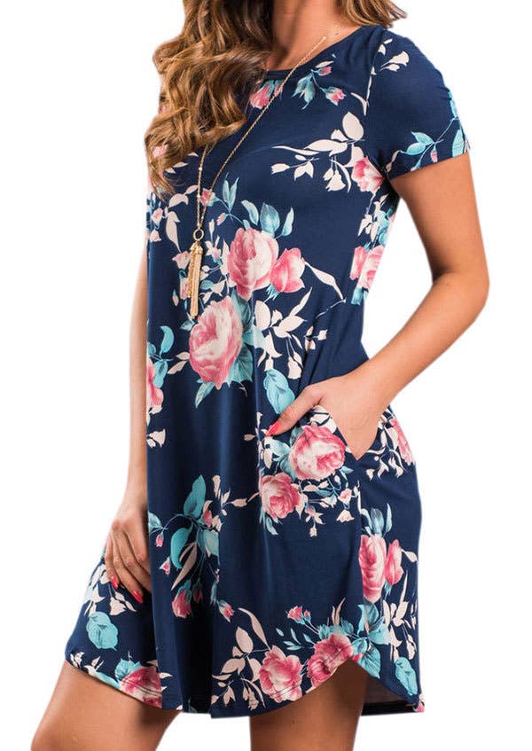 FLORAL PRINT BASIC CREW NECK PULLOVER DRESS