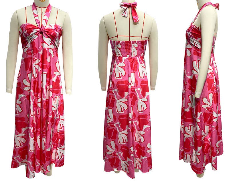 FLORAL PRINT HOLLOWED LACE HALTER LONG DRESS