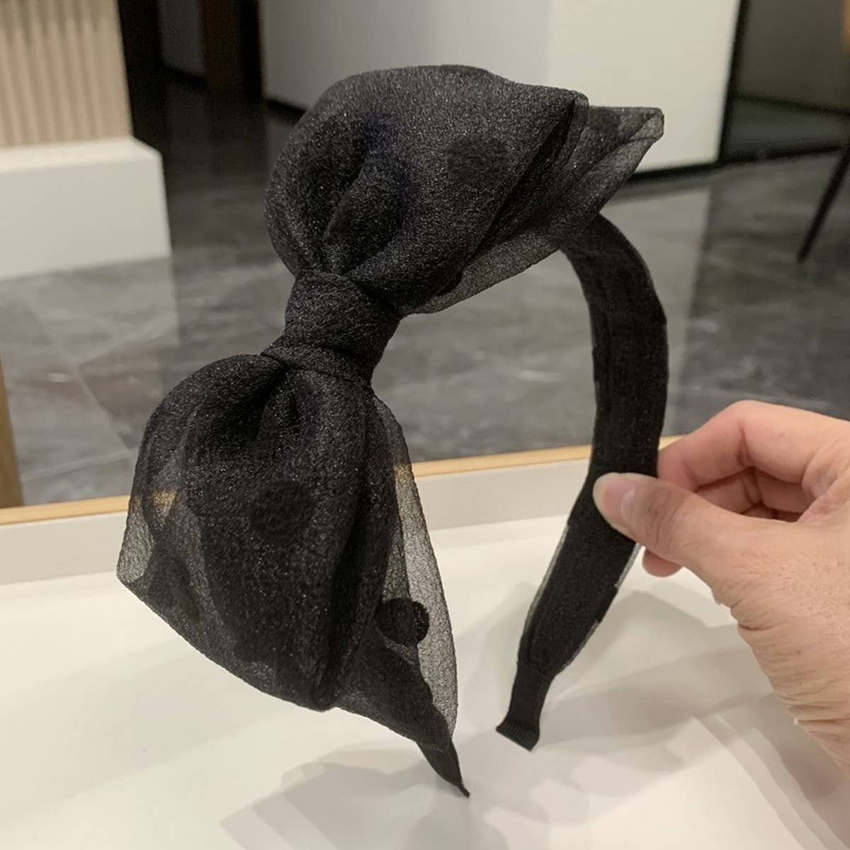 BLACK BIG BOW POLKA DOT HEADBAND_CWAHA2556