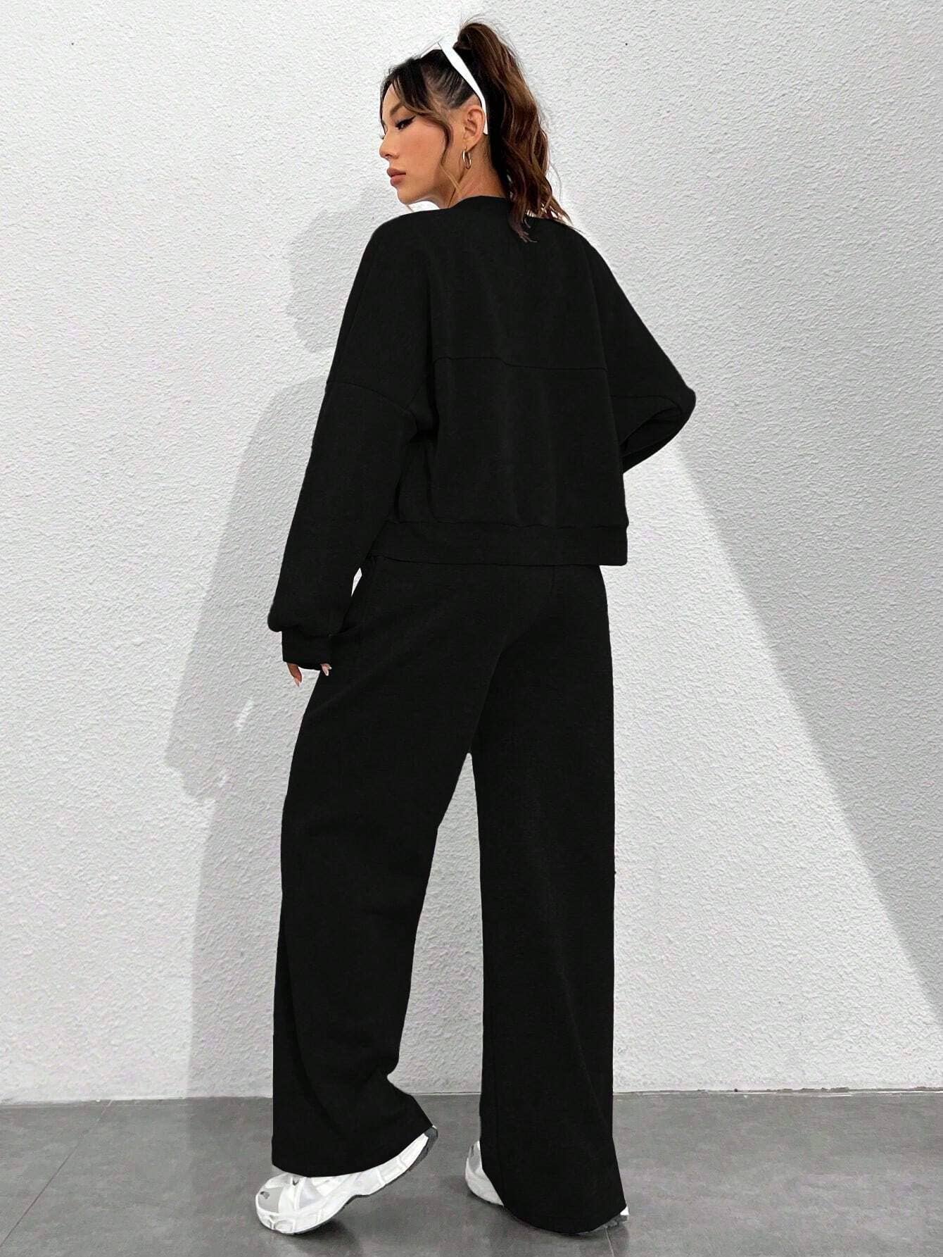 Zipper cardigan straight-leg sport pants set