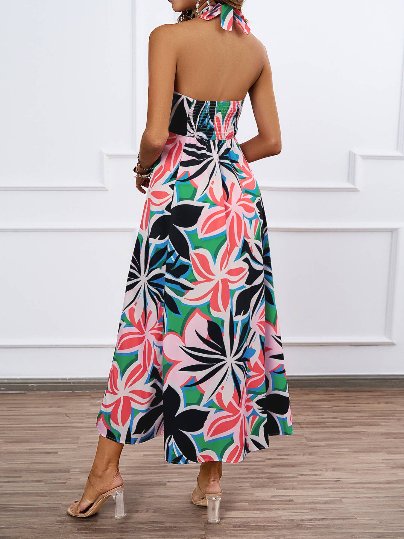 FLORAL PRINT HOLLOWED LACE HALTER LONG DRESS