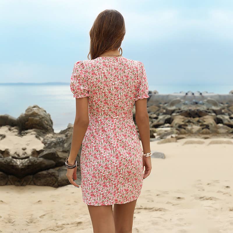 Floral V-neck cutout short-sleeved dress