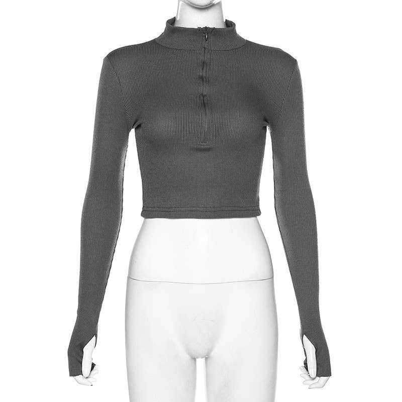 Zipper half neck crop slim T-shirt