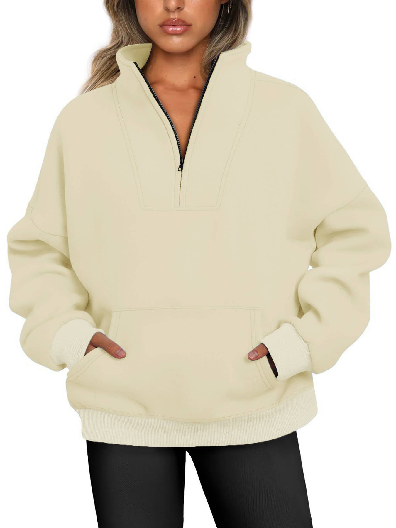 ZIPPER LOOSE STAND COLLAR SOLID COLOR HOODIE