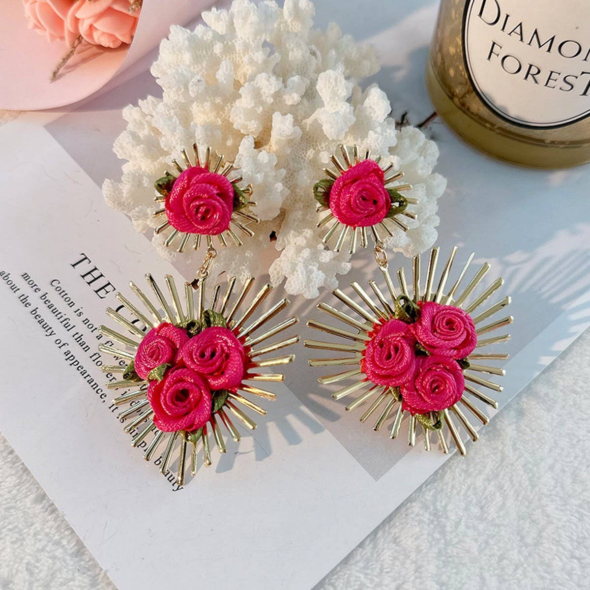 Handmade Fabric Flower Heart Earrings for Women