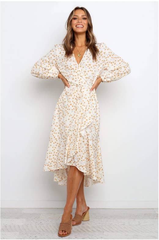 Floral sweet fashion ruffled long sleeve dress