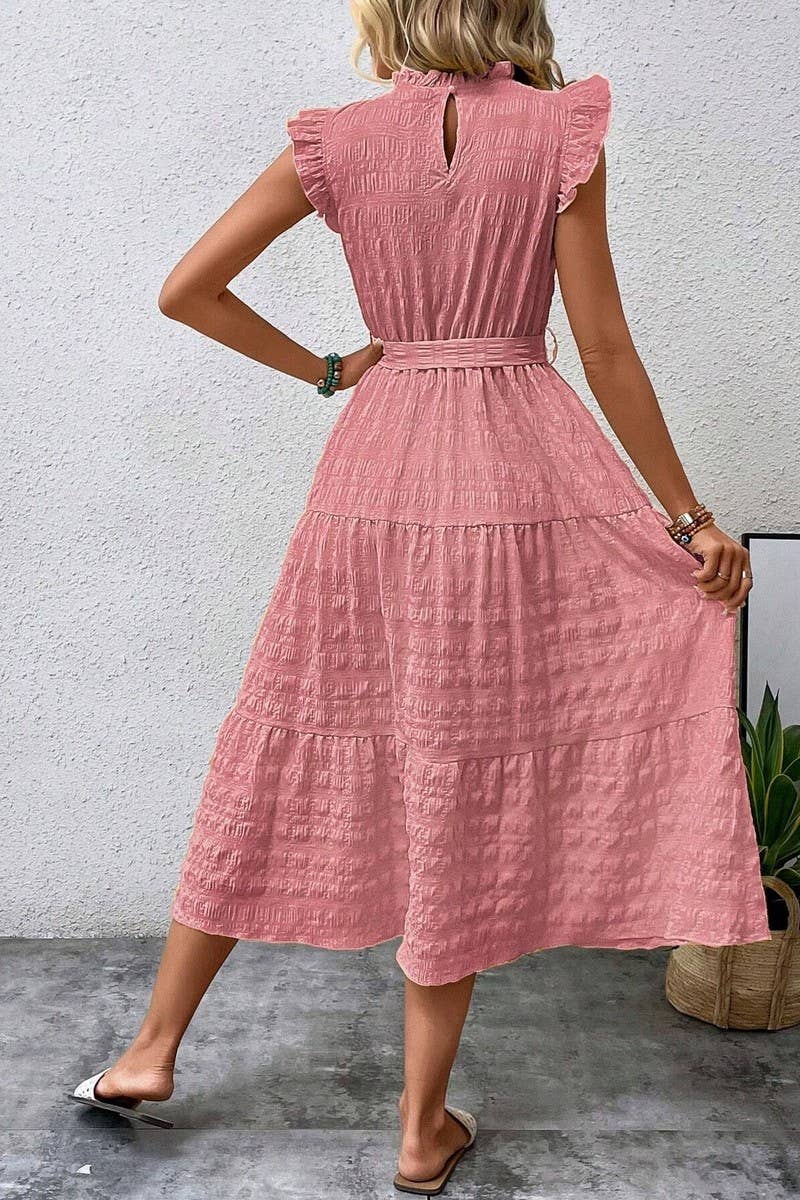 CWDMD4952_SUMMER RUFFLED FLYING SLEEVES TEXTURED DRESS