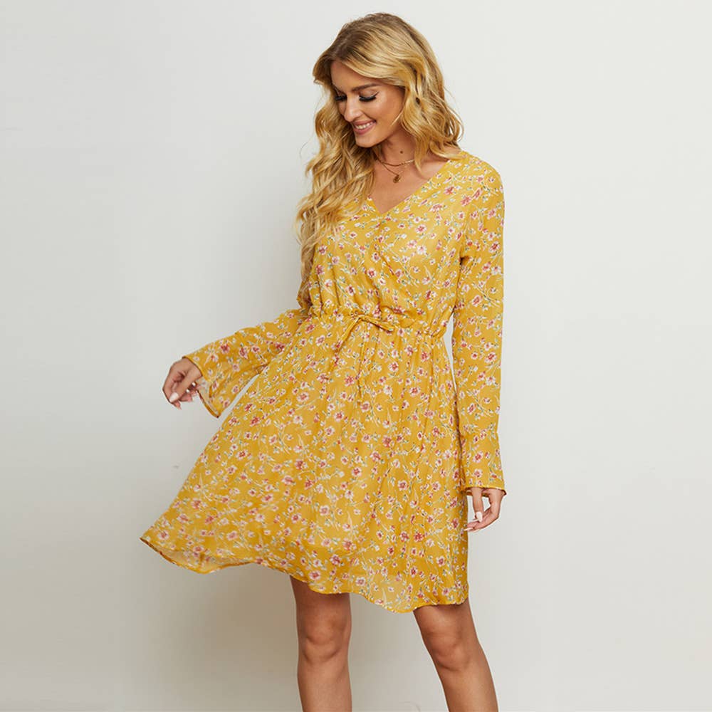 FLORAL LONG-SLEEVED V-NECK BOHO DRESS