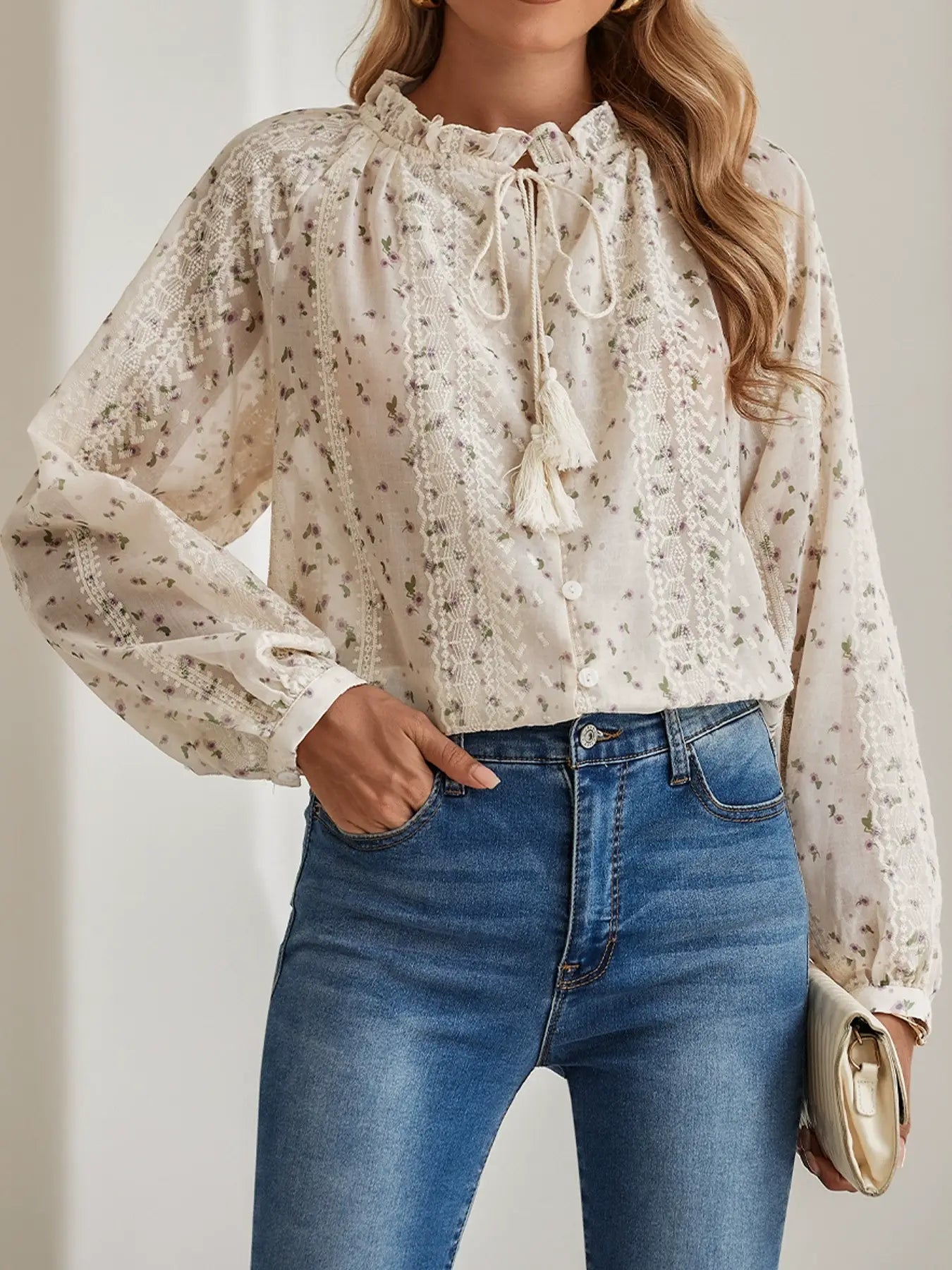 FLORAL PRINT CHIFFON EMBROIDERY FRINGE SHIRT