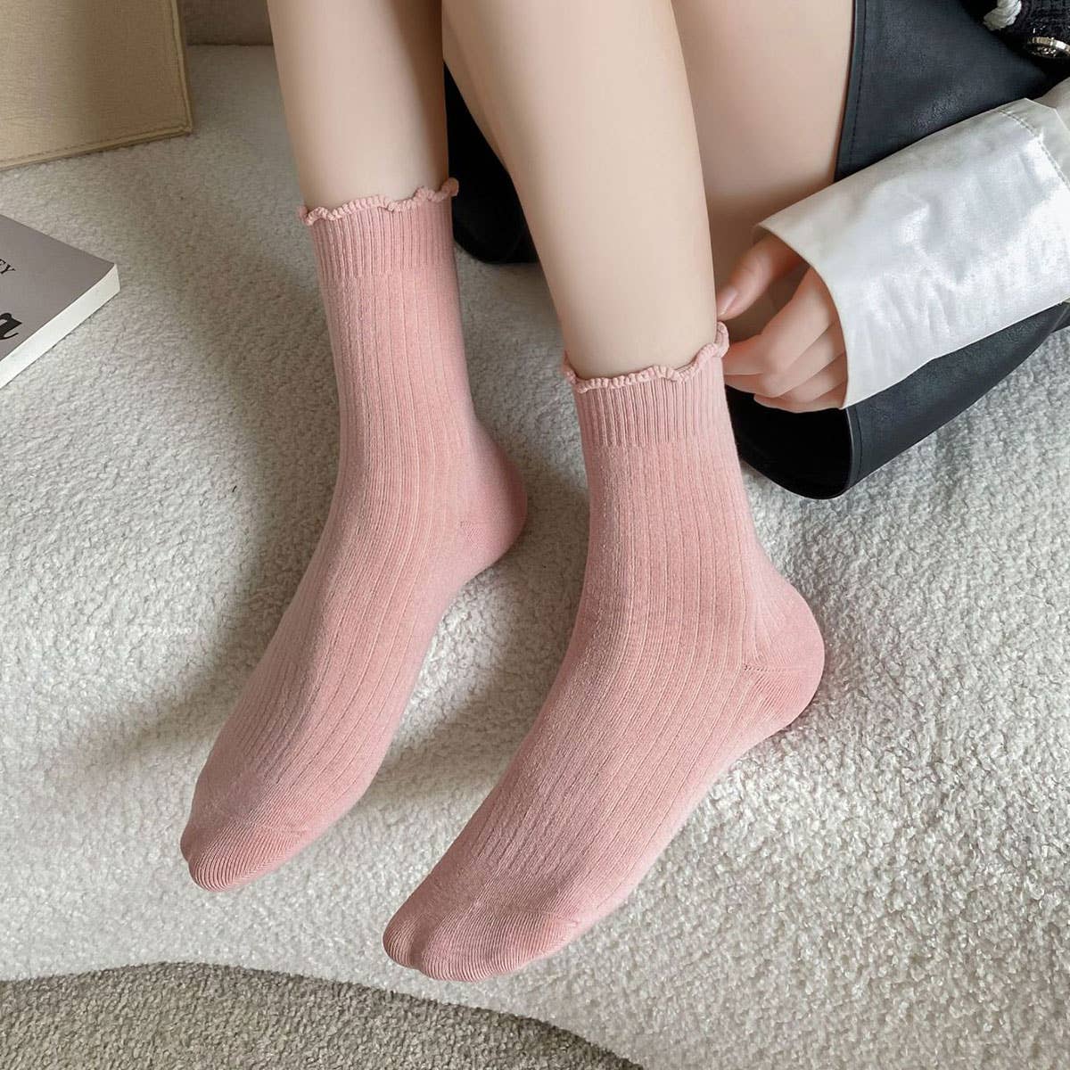 Ruffle Solid Crew Socks for Womens