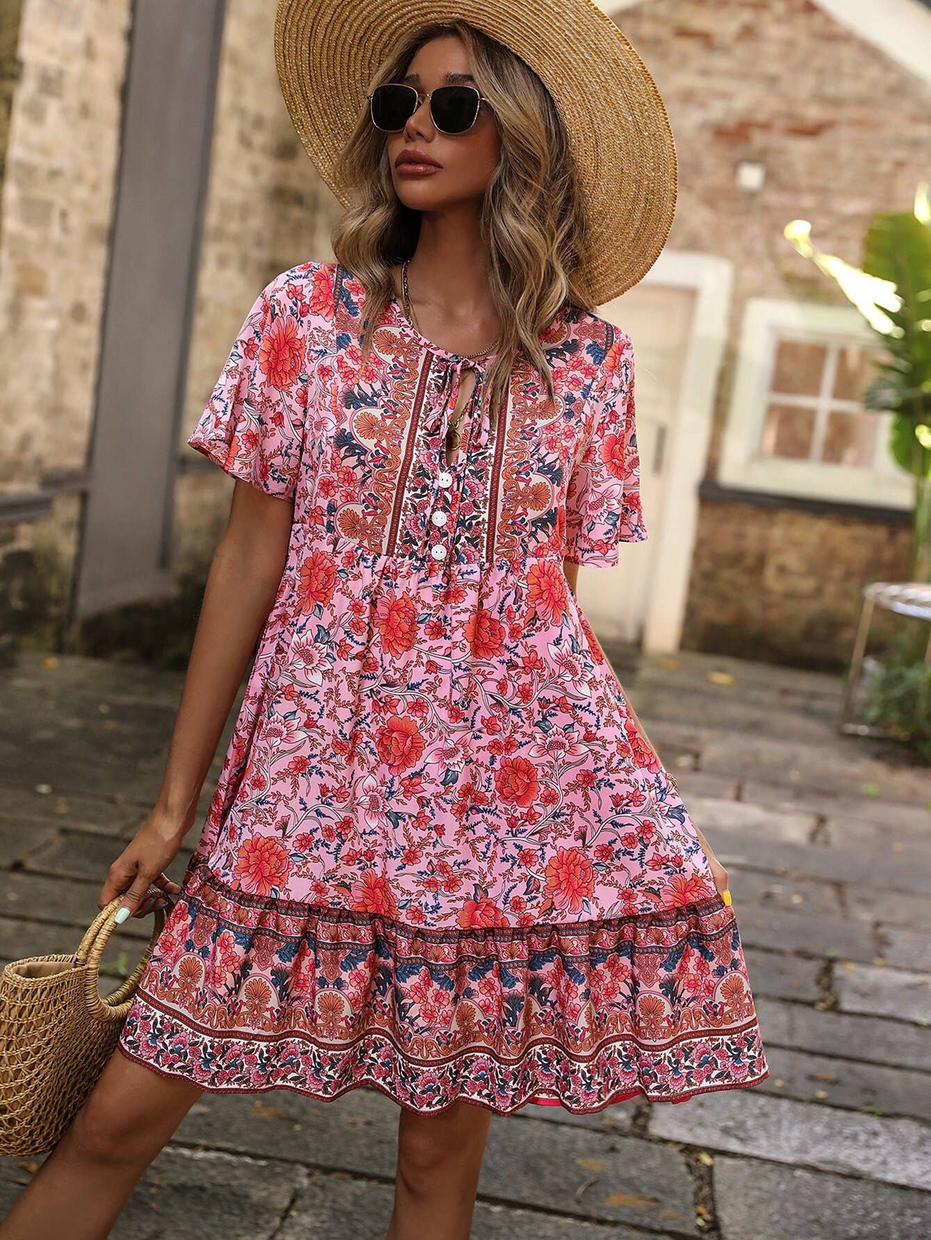 Floral V-neck loose and casual Bohemian dress