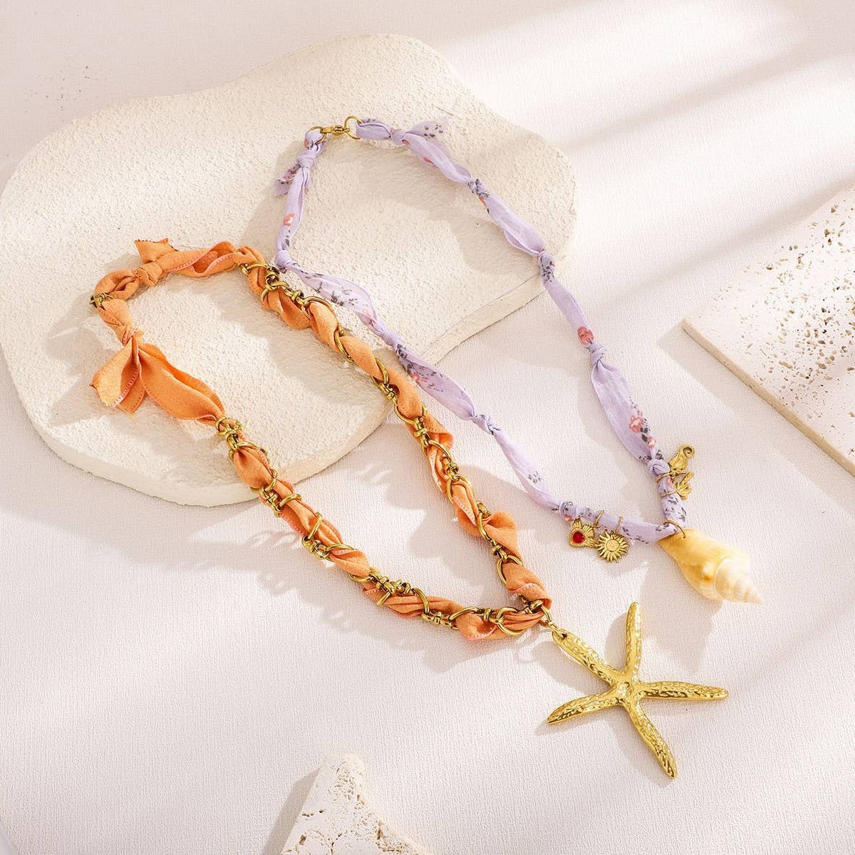 Ocean Style Silk Scarf Necklace with Star & Shell_CWMM8809