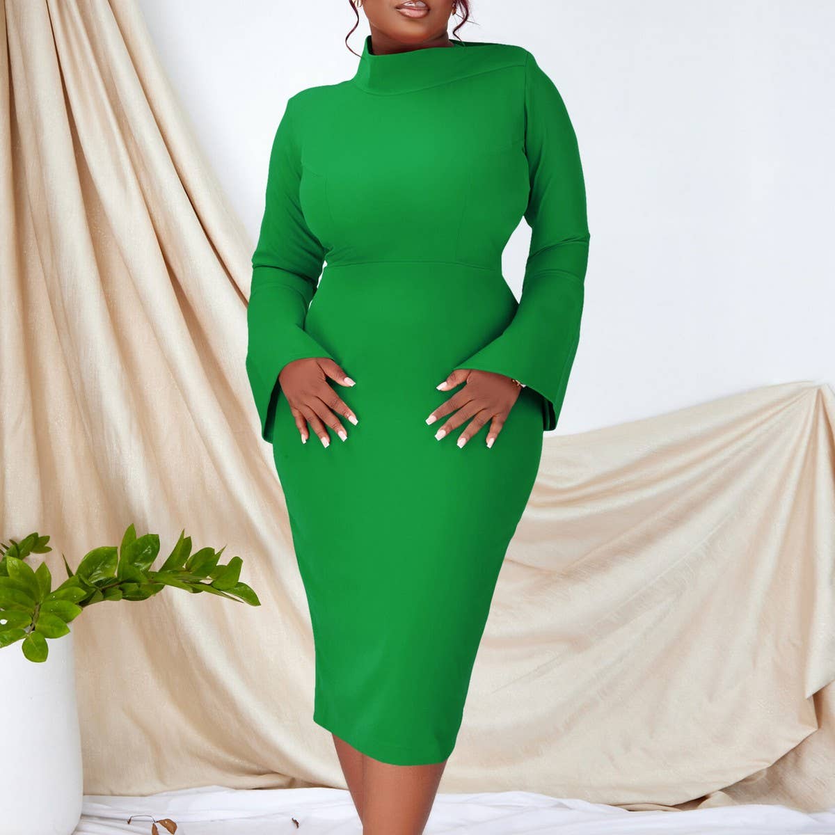 FASHION LONG SLEEVE OBLIQUE NECKSTRETCH KNIT DRESS_CWDMD3675
